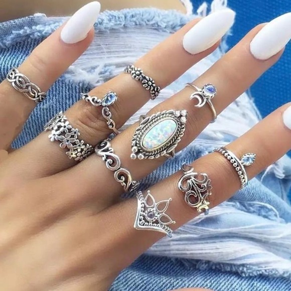 10 Piece Floral White Opal Midi Ring Set - Picture 1 of 5